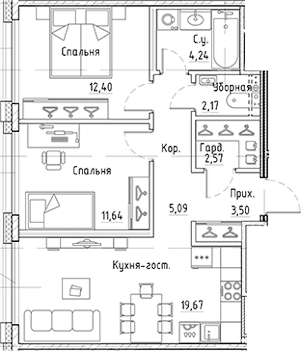 2-комнатная квартира 61.28 м², 9/10 эт., ЖК «LEGENDA Лисичанская 22»